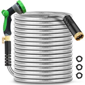 50Ft Metal Garden Hose, Durable Stainless Steel, Flexible And Lightweight, Kink And Tangle Resistant, With 10-Way Nozzle, 3/4 Metal Fittings, And Stop Valve, Silver