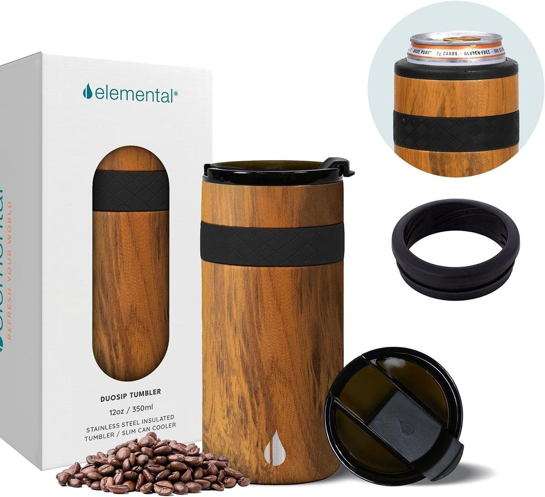 Elemental Duo-Sip 2 in 1 12oz Coffee Tumbler - Leak Proof Tumbler with Flip Lid for Slim Can Cooler - Triple Wall Insulated Tumbler for Hard Seltzer, Hot & Cold Beverages - Teakwood