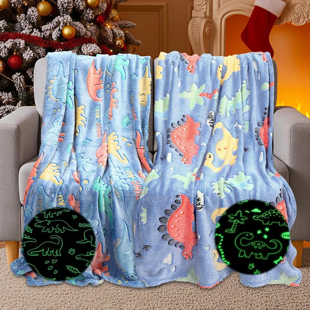 2 Pcs Christmas Blanket Gifts Dinosaur Glow in The Dark 50" x 60" Soft Fleece Throw Blanket Gifts for Home Christmas Decor Winter Holiday Birthday Party Favor