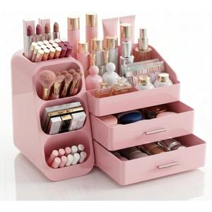 Makeup Organizer with Drawers,Large Capacity Countertop Organizer for Vanity,Bathroom and Bedroom Desk Cosmetics Organizer,Easy To Storage Skincare,Brushes,Lotions (All Pink)
