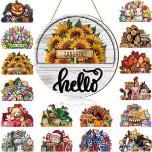 Yousoontic 17 Pcs 12 Inch Magnetic Welcome Door Sign Interchangeable Front Door Wreath Decor Rustic Seasonal Hanging Sign Easter Spring Decor for Home Warming Gift(Lovely Color, Hello)