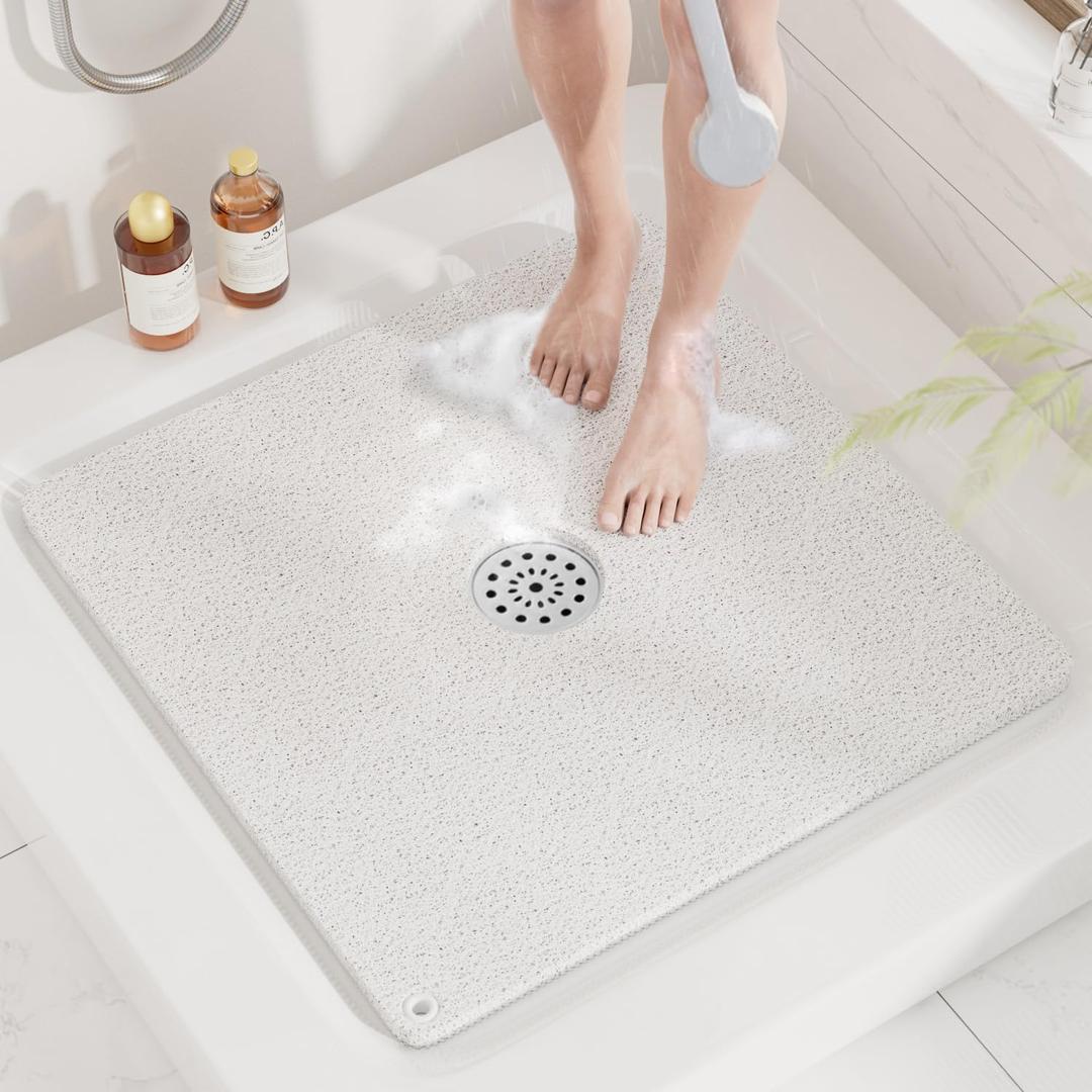 HITSLAM Shower Mat, 24x24 Inch Square Non Slip Bathtub Mat, Soft PVC Loofah Bath Mat for Tub with Hanging Holes, Quick Drying Shower Floor Mat, Without Suction Cups, White