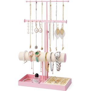 Pink Jewelry Organizer Stand, 3-Tier Necklace & Bracelet Holder with Velvet Ring Tray, Cute Aesthetic Jewelry Tree Storage Rack for Earrings & Rings  Perfect for Women & Girls