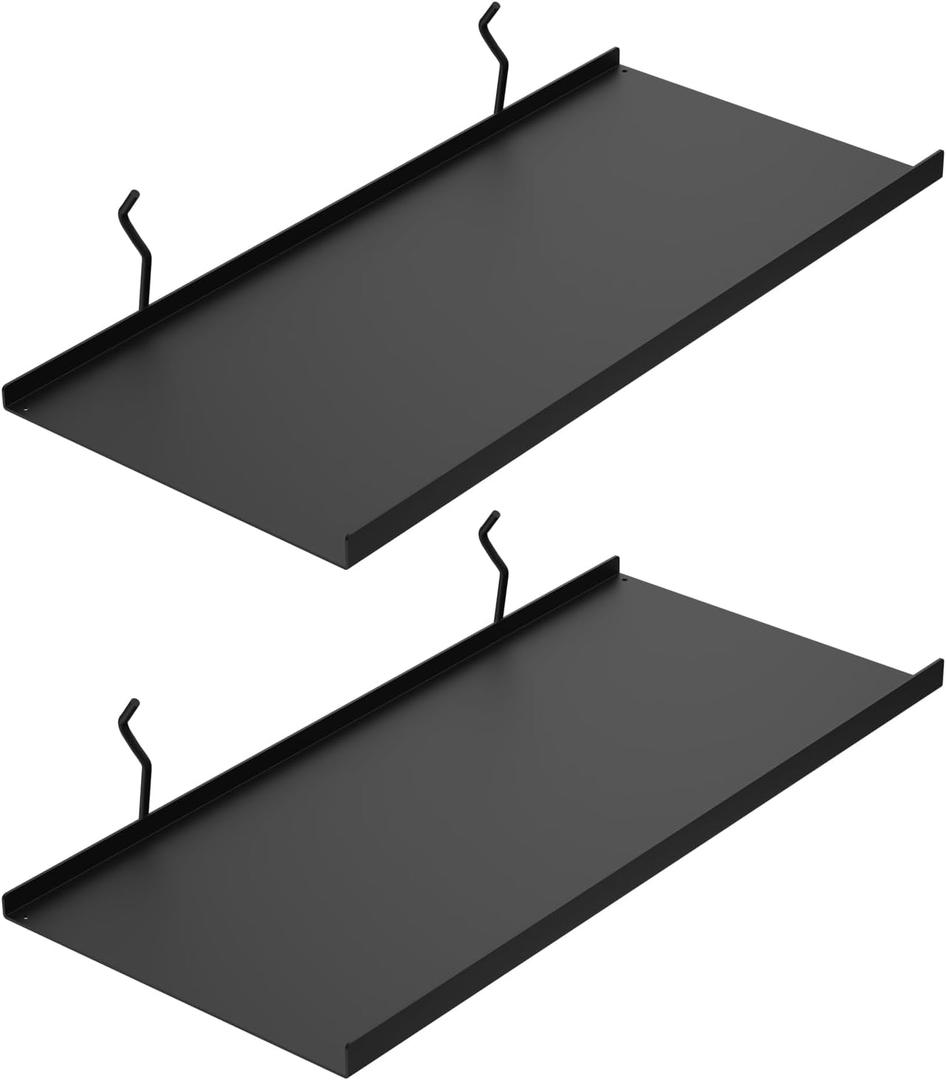 PEKGRIL 17X8 Inch Large Pegboard Shelves Set of 2, Metal Peg Board Shelves Accessories, Flat Display Shelves for Pegboard, Metal Retail Display for Storage and Organization, Black