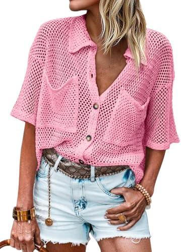 Fisoew Womens Crochet Lightweight Cardigan Sweaters Short Sleeve Summer Button Down Collared Loose Cover Up Shirts S