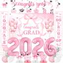 Bow Graduation Party Decorations 2026 Congrats Grad Backdrop, Banner, Class of 2026 Hanging Swirls Honeycomb Centerpieces,Balloons Congratulate Party Decor for 2026 Graduation Party Supplies
