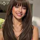 AISI HAIR Beginner Friendly Wigs Brown Wig with Bangs for Women, Middle Length NaturalLayered Straight Wig for Daily Party (20 Inch)