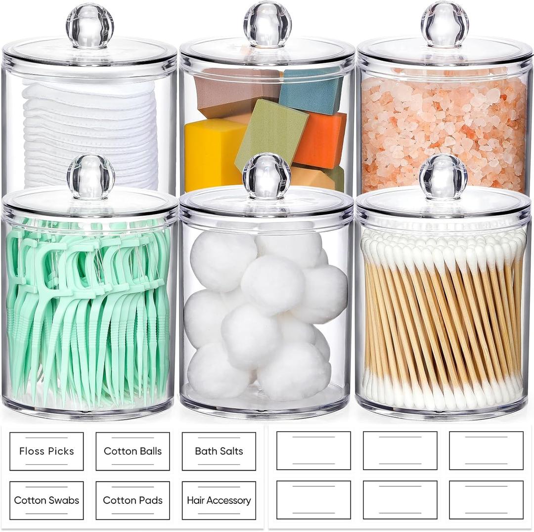 AOZITA 6 Pack Acrylic Qtip Holder Dispenser for Cotton,Swab, Ball, Round Pads, Floss Picks - Clear Plastic Apothecary Jar Set, Bathroom Canister Storage Organization, Vanity Makeup Organizer