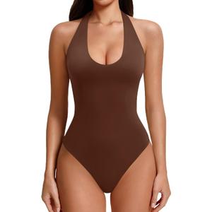 Avidlove Women's Sexy Halter Bodysuit Going Out Backless Tank Top Sleeveless Thong Body Suits Summer Outfits (Brown, XS)
