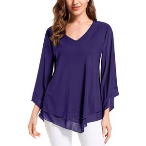 Womens Blouses and Tops Dressy Casual Fashion 3/4 Sleeve Summer Ladies Tunic Tops Loose Fit for Work Party V Neck Mesh Shirt (Large)