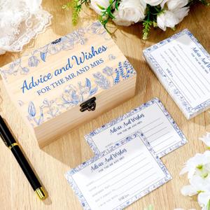 60 Pcs Bridal Shower Wedding Decorations Wooden Advice and Wishes Cards Box for Bridal Shower Party Favors Graduation Wish Cards Card Box(Blue Flower)