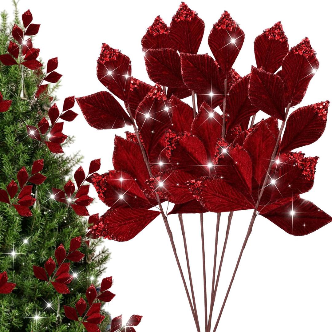 6 Pcs Christmas Artificial Velvet Glitter Magnolia Leaf Glittered Spray Picks 20" Fake Floral Leaf Branches Xmas Decoration for Christmas Tree DIY Crafts Gift Home Garden Decor(Burgundy)