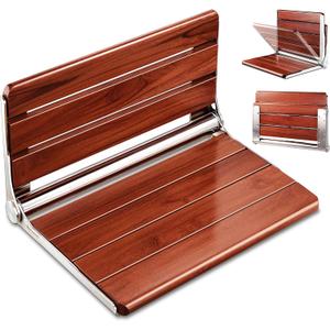 [Upgraded Version] 18" ADA Compliant Folding Teak Shower Seat Wall Mounted-Folding Shower Bench, Folding Shower Seat for Inside Shower, Teak Foldable Shower Chair, Fold Down Shower Seat, Max 400lbs