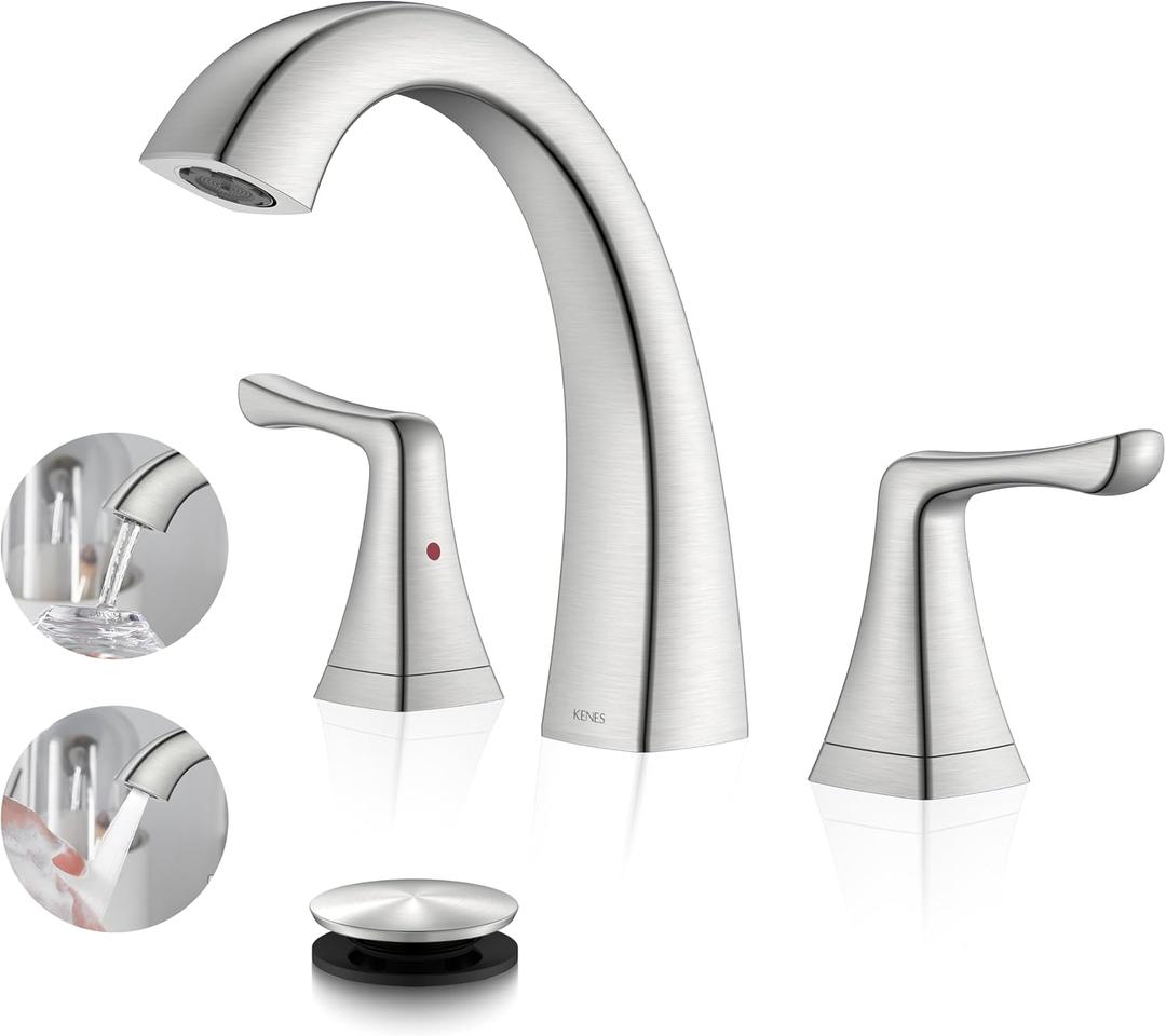 KENES Bathroom Faucets for Sink 3 Hole, Brushed Nickel 2 Handle 8 Inch Widespread Bathroom Faucet, Bathroom Vanity Faucet with Pop Up Drain & Supply Lines, LJ-9075