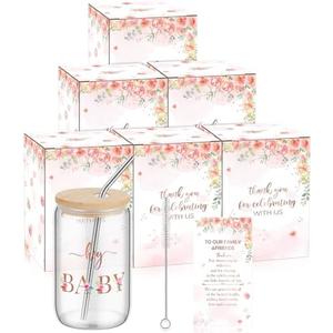 Hoolerry 4 Sets Baby Shower Prize for Game 12 oz Drinking Glasses with Lids Straw Brush Cards and Boxes Iced Coffee Beer Glasses Tea Cups Tumblers for Baby Shower Party Guests Gift(Flowers)
