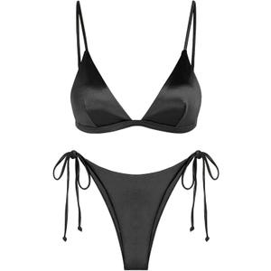 ZAFUL Women's Shiny Silky Bikini Sets Sexy Triangle Two Piece Swimsuit 2024 Tie Side Thong High Cut Cheeky Bathing Suit S