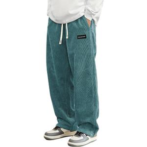 Mens Corduroy Casual Pants Fashion Loose Fit Wide Leg Pants Straight Sweatpants Elastic Waist Drawstring (Large, Peacock-blue)