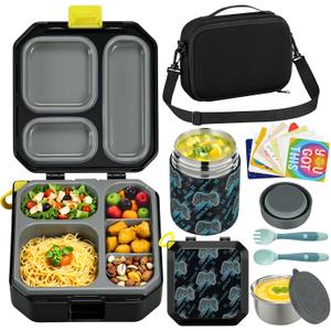Itslife Bento Lunch Box Set for Kids with 12oz Soup Thermo&Lunch Bag, Leak-Proof Lunch Food Containers for Kids School, 5 Compartment, Sauce Cup, 10 Notes (Gaming Black)