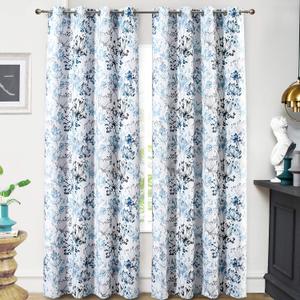 DriftAway Full Blackout Blue and White Curtains for Living Room Bedroom 84 Inches Long Window Drapes Botanical Blossom Grommet Top 2 Panels