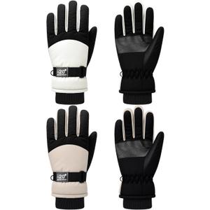 SATINIOR 2 Pairs Kids Waterproof Winter Snow Gloves Ski Gloves for Boy Girl Outdoor Warm Thickening Snowboar (6-10 Years, Beige, Khaki)