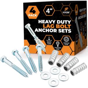 xpose safety Concrete Anchors Set with 4"" Lag Bolt, Lag Shield and Washer - 4 Sets per Pack - 1/2"" Bolt Lag Screws 4-Inch for Speed Bumps for Asphalt - Galvanized Steel Lag Bolts