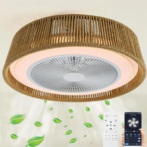 21.5" Boho Caged Ceiling Fan with Lights Farmhouse Rattan Flush Mount Fandlier Light Hanwoven Paper Rope Fan Chandelier with Remote Reversible for Bedroom Dining Study Living Room Kitchen Entry