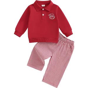 Gueuusu Toddler Baby Boy Christmas Outfit Santa Claus Embroidery Button Up Collared Shirt Plaid Pants Set Festive Clothes (Red, 6-12 Months)