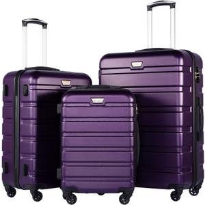 Coolife Luggage 3 Piece Set, Lightweight Durable Hardshell Suitcase set with 360 Spinner Wheels, TSA-approved Lock, Checked Family Travel Luggage sets, 20/24/28 Inch, Purple