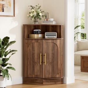 Vabches Corner Storage Cabinet, Corner Bathroom Cabinet with Open Storage, Modern Floor Corner Cabinet with Fluted Doors and Adjustable Shelf, for Bathroom, Living Room, Kitchen, Pantry, Walnut