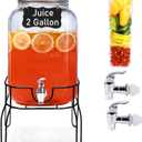 2 Gallon Glass Drink Dispensers for Parties, Sun Tea Glass Jar for Outside Beverage Dispenser with Stand+Lid 2 Press-Spigots(Easy for kids) Fruit Infuser, Beverage Dispensers-Mason Jar