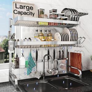 Over The Sink Dish Drying Rack, Extra Large Capacity Dish Drainer | 3 Tier Extra Large All Stainless Steel Expandable Plate Strainers, Rustproof Metal, Counter Space Saving, Modern Silver