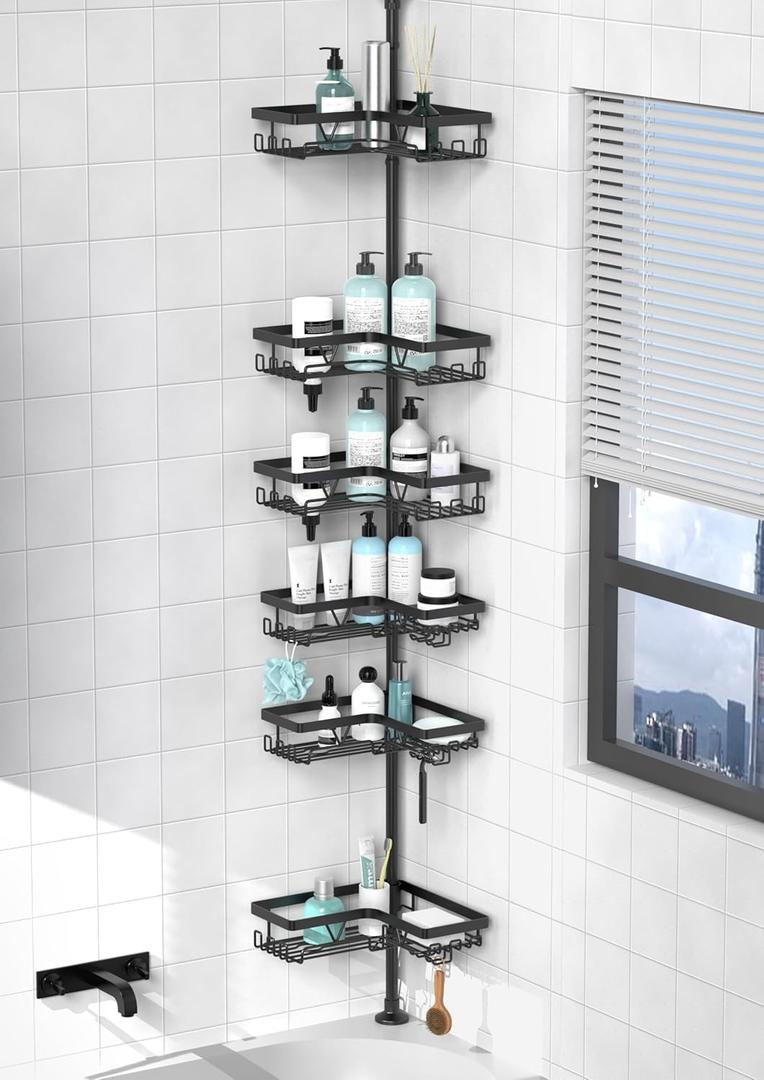 KEGII Corner Shower Caddy Tension Pole, 6-Tier Bathroom Organizer, Black
Floor to Ceiling Design with Rustproof Waterproof Finish, Adjustable 25-114.2 inch Pole for Shampoo, Towels and Essentials