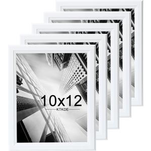 KTKDE 10x12 Picture Frame Set of 5,White Wooded Shatter Resistant Glass, Vertical & Horizontal Wall Hanging for Wall or Tapletop Display,Studio Gallery Photo Frame for Photos, Posters & Art Prints