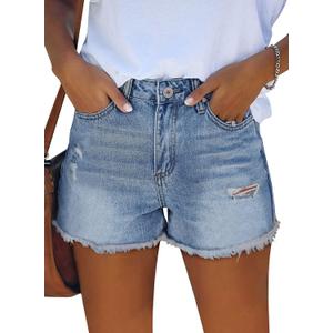ZOLUCKY Women's Casual Summer Denim Shorts Mid Waisted Stretchy Ripped Jean Shorts with Pockets (Medium, C Light Blue)