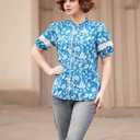 GRACE KARIN Women Boho Floral Tops, Summer Short Eyelet Sleeve Dressy Casual Shirts, Spring Button Down Blouse 2026 Trendy (Blue, XXL)