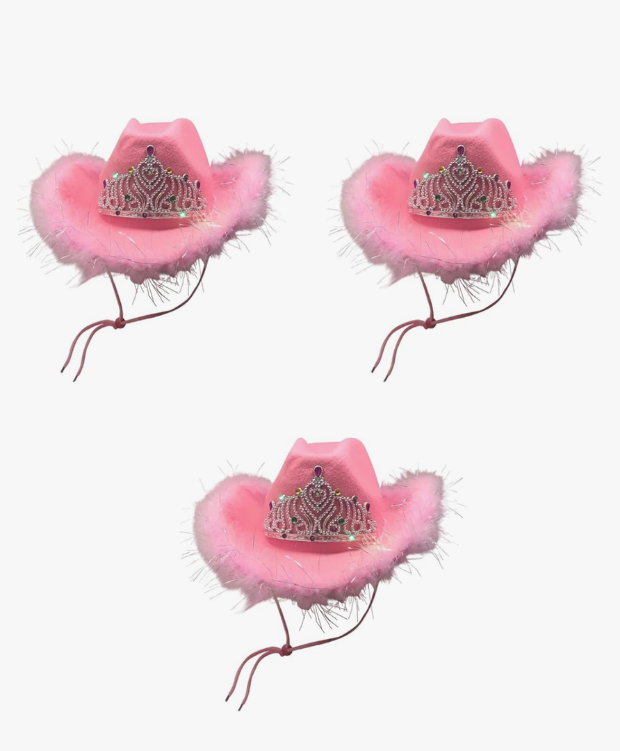 Pink Cowboy Hat - Sequins & Tiara Light -Up Blinking Western Cowgirl Hat with Boa Feathers with Paisely Pink Bandanas Princess Queen 3 Pack, Pink, 7 1/4 Pink Cowboy Hat - Sequins & Tiara Light -Up Blinking Western Cowgirl Hat with Boa Feathers with Paisely Pink Bandanas Princess Queen 3 Pack, Pink, 7 1/4