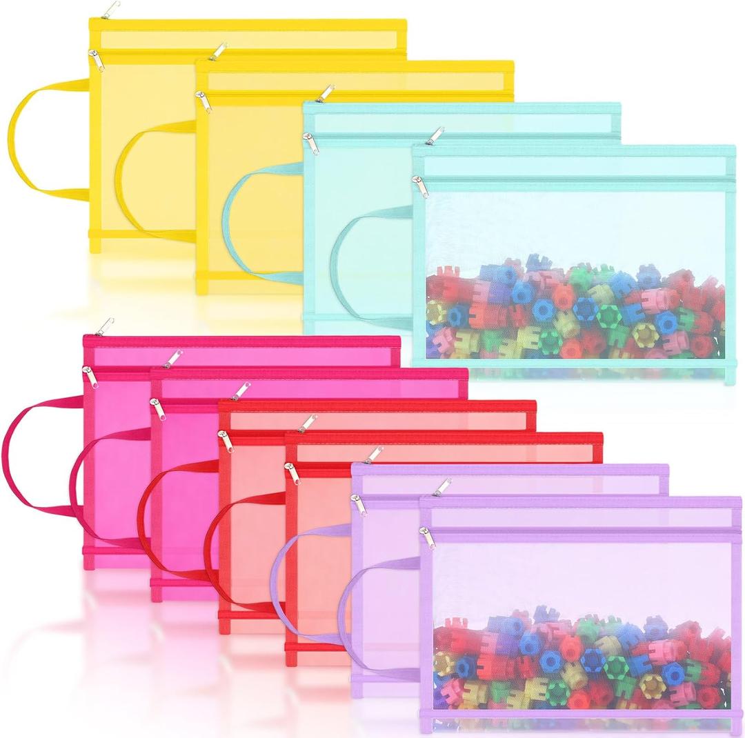 10 Pack A4 Colored Mesh Double-layer Mesh Zipper Pouch Bags Nylon Puzzle Building Block Sets Toy Storage & Organization, Breathable Zipper Pouch with Handle for School Office (Bright Colors)