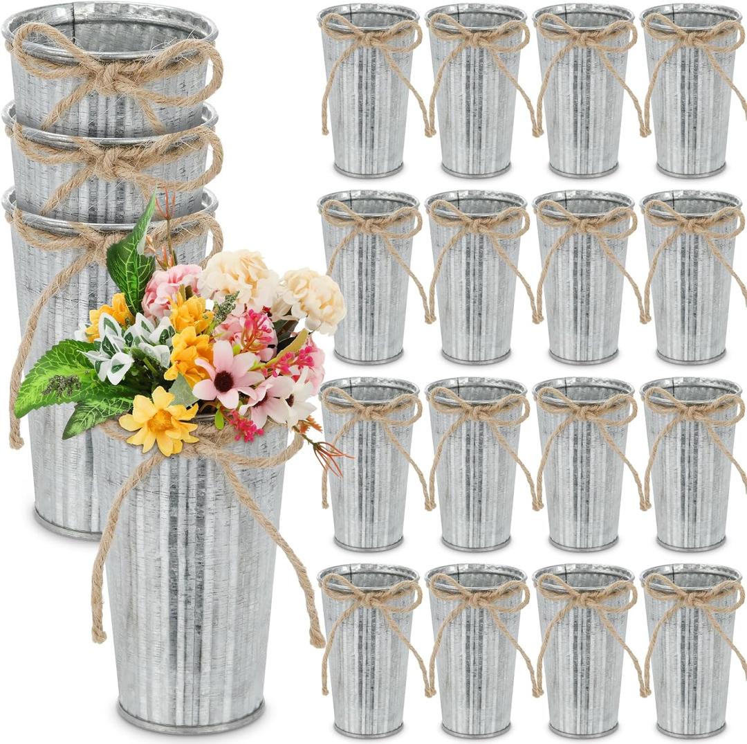 Ziliny 20 Pack 4.3 Inch Galvanized Metal Flower Vases Bulk Small Floral Flower Bucket Rustic Vintage Farmhouse Vases for Centerpiece Country Wedding Party Decor Western Home Table(Silver)