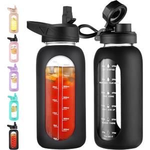 CIVAGO 32 oz Glass Water Bottle with Straw and Handle, Large Sports Motivational Water Bottle Flask with Time Marker and 2 Lids, Leakproof Water Jug Canteen with Silicone Sleeve for Gym,Black
