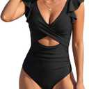 B2prity One Piece Swimsuits for Women Ruffle Sleeve V Neck Bathing Suit Tummy Control Cutout Monokini Slimming Swimwear (X-Small, Black)