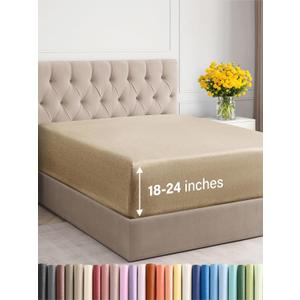 Extra Deep Queen Fitted Sheet - Hotel Luxury Single Fitted Sheet Only - Easily Fits 18 inch to 24 inch Mattress - Ultra Soft, Wrinkle Free with Extra Deep Pockets - Breathable & Comfy - Heathered Tan