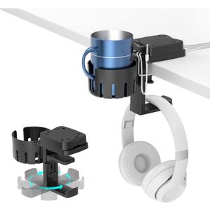 2 x KDD 3 in 1 Headphone Hanger with Cup Holder - Rotatable Headset Hook & Desk Cord Organizer - Suitable for Coffee Mups, Water Cups, Headphone, Charging Cables, Home & Office