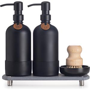 [Luxurious] Hand and Dish Soap Dispenser Set, Kitchen Soap Dispenser Set with Handmade Leather Tag, Instant Dry Tray, Stainless Steel Pump, Non-Slip Pad, Add Elegant Touch to Your Kitchen Sink (Black Bottle + Black Pump)