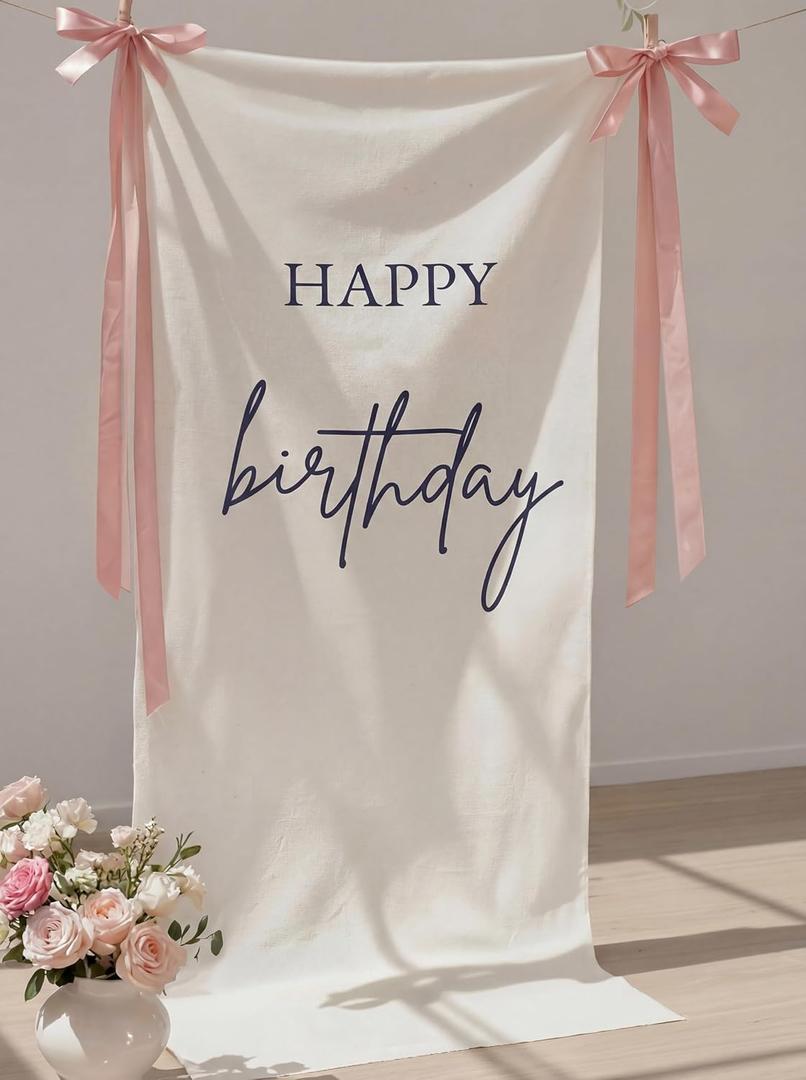 Tingjoo 27 78 Inch Happy Birthday Fabric Banner Long Birthday Party Decorations Backdrop Coquette Rustic Photo Props Sign with Bow Hanging String for Party Yard Wall Decor(Pink)
