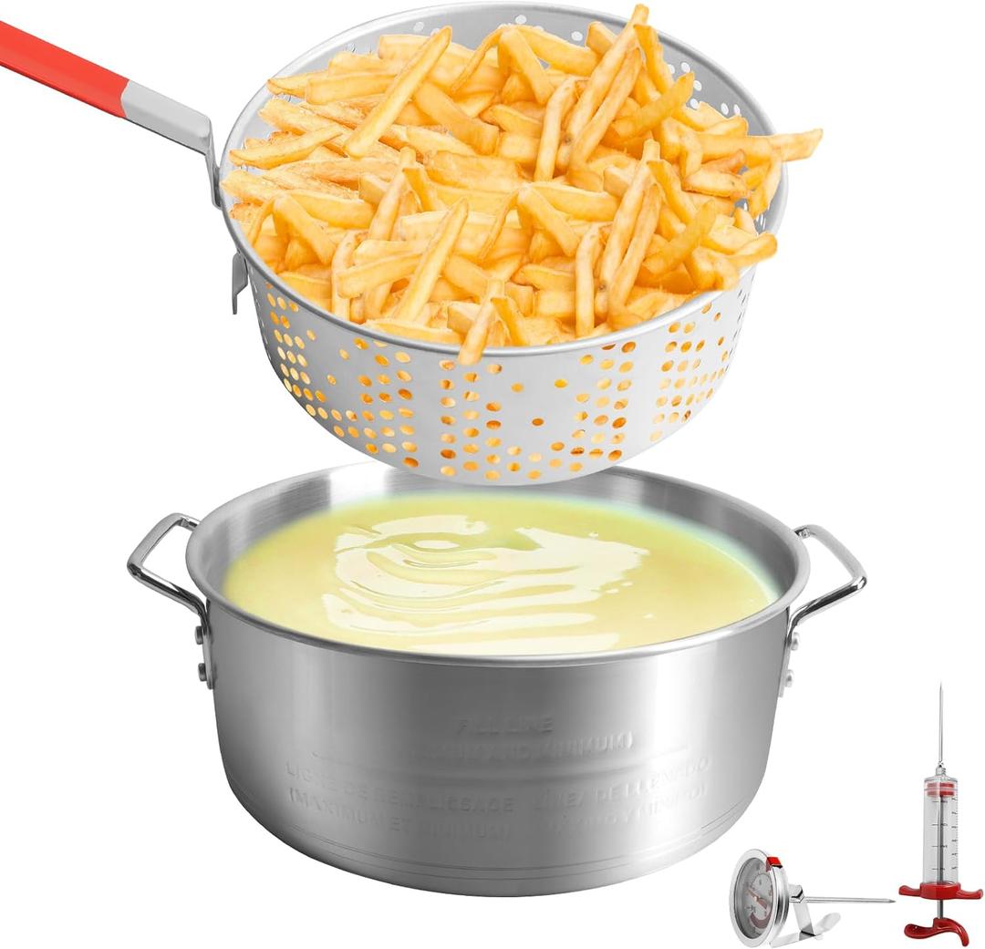 SafBbcue 10QT Pot Deep Fryer with Basket for Home Use, Aluminum Fish Fry Pot with Basket, Deep Fryer Deep Fry Pan with Easy Grip Handle, Stovetop Fryer with Basket for French Fries, Chicken Wings (Small, Silver)
