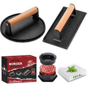 5pcs Smash Burger Press Kit, 3 in 1 Hamburger Press Patty Maker, Cast Iron Burger Press Round & Rectangle, 100pcs Wax Paper for Grill, Griddle, Flat top, Kitchen, Cooking