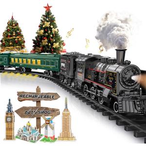 Electric Train Sets for Boys Girls Metal Alloy Christmas Trains Toys Steam Locomotive, Passenger Carriages, Tracks, Light & Sounds Rechargeable Birthday Gifts for Kids 3 4 5 6 7 8 + Years Old Green