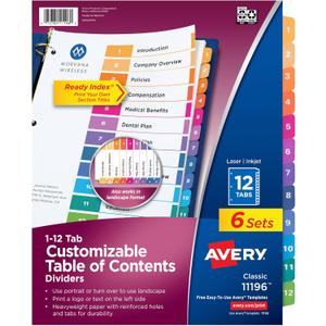 Avery 12 Tab Dividers for 3 Ring Binders, Customizable Table of Contents, Multicolor Tabs, 6 Sets (11196)