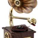 Mini Gramophone Vintage Copper Horn Record Player with Bluetooth, USB, AUX, FM Radio and Built-in Speakers for Gift Home Decor
