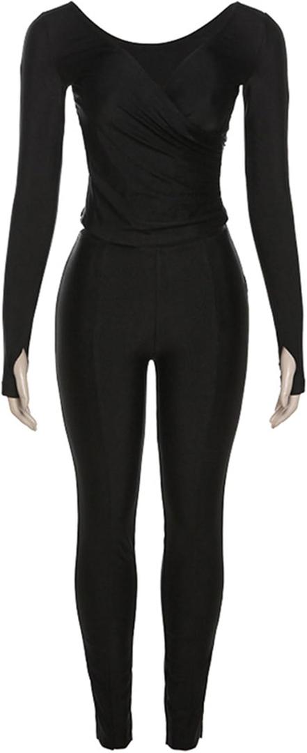 Women's V-neck High Waisted Tight Pants Casual Sports Suit, 2XL